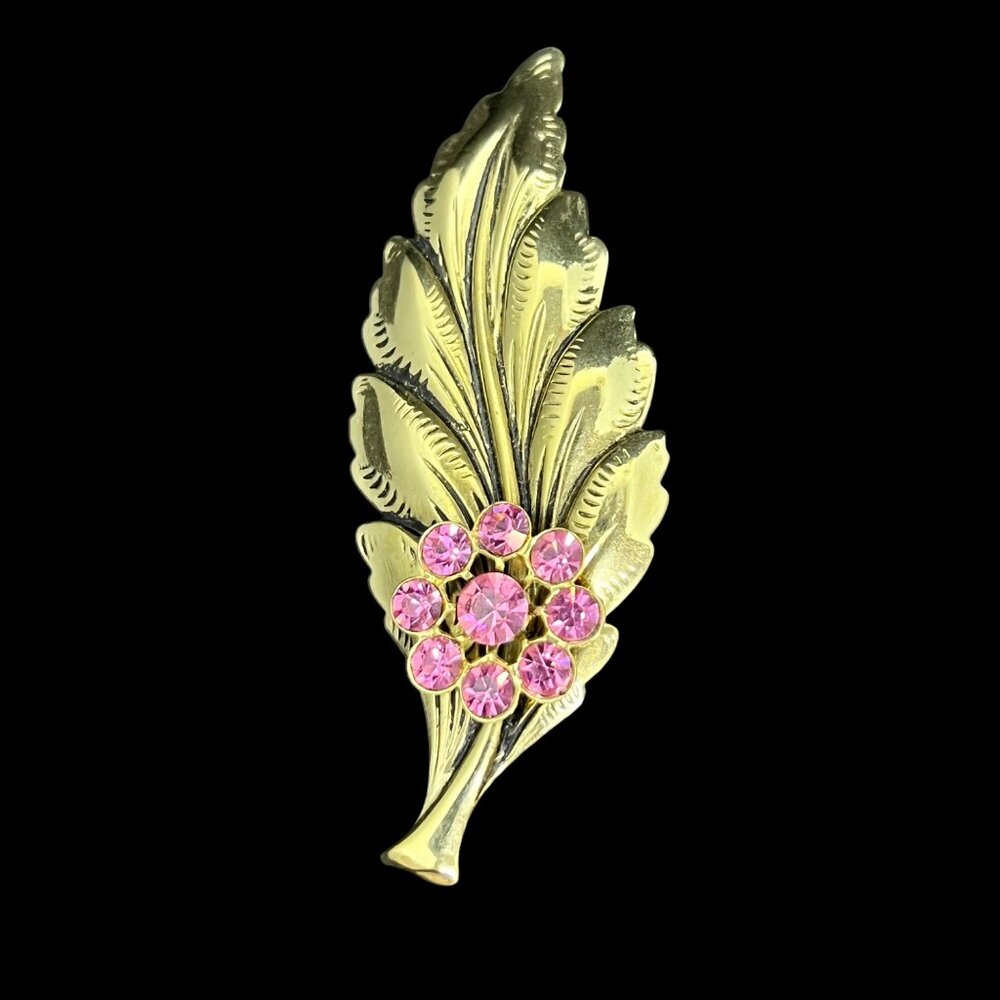 Vintage Lot Of Gold Tone And Rhinestone Leaf Brooches (3469) - Picture 5 of 9
